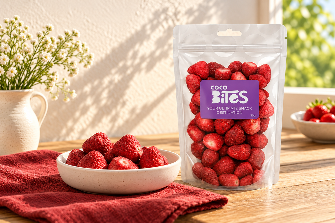 Cocobites freeze-dried strawberries in a branded pouch beside a bowl of fruit