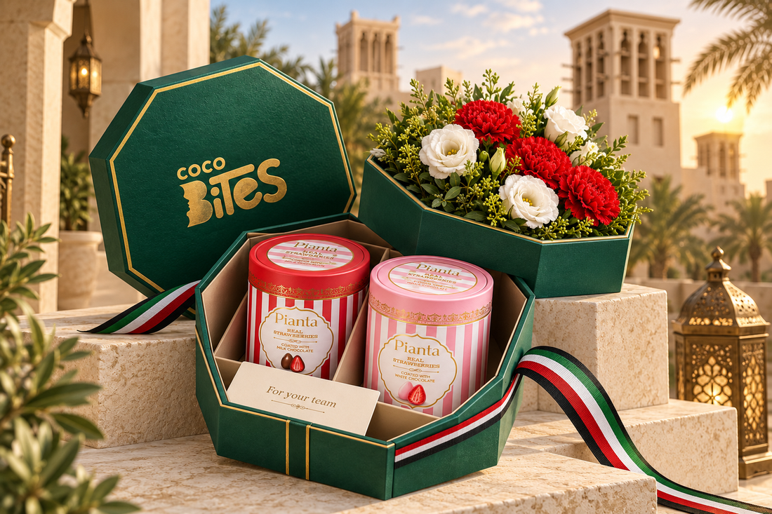 Emerald Cocobites National Day gift concept with Pianta chocolate and flowers