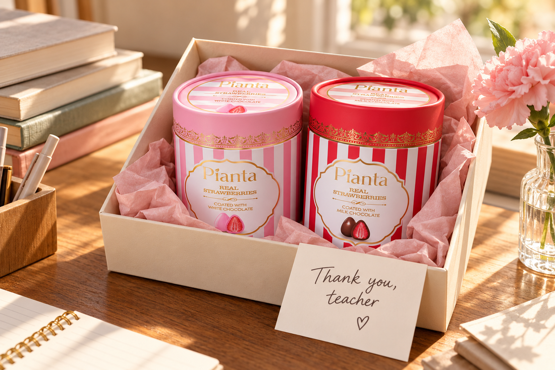 Pianta chocolate strawberry tins styled as a teacher thank-you gift